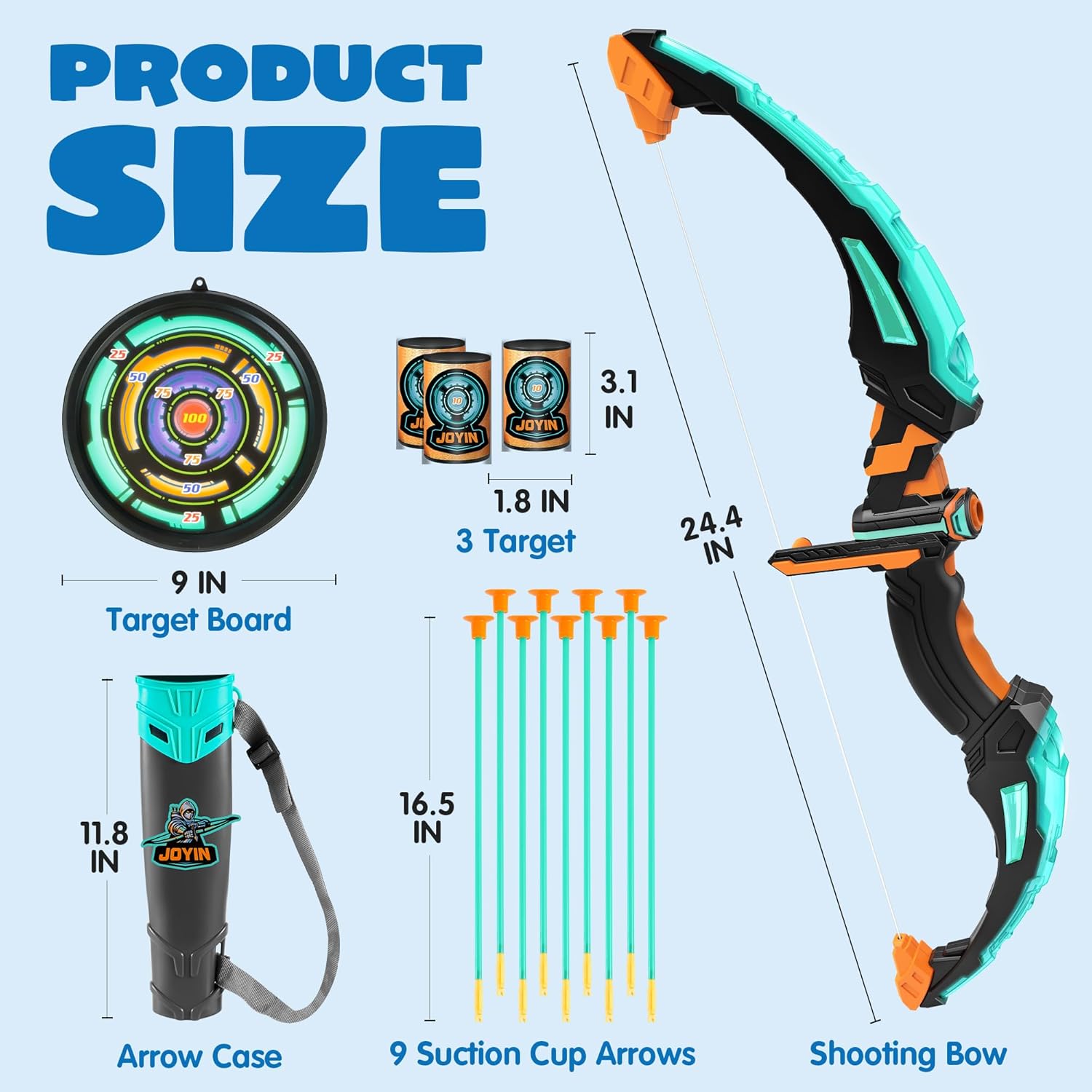 Kids Bow and Arrow Set, LED Light Up Archery Toy Set with 9 Suction Cup Arrows, Target & Arrow Case, Indoor and