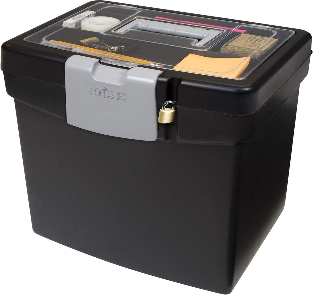 Portable File Box with Organizer Lid – Plastic Office File Storage Box for Letter Paper and Hanging Folders