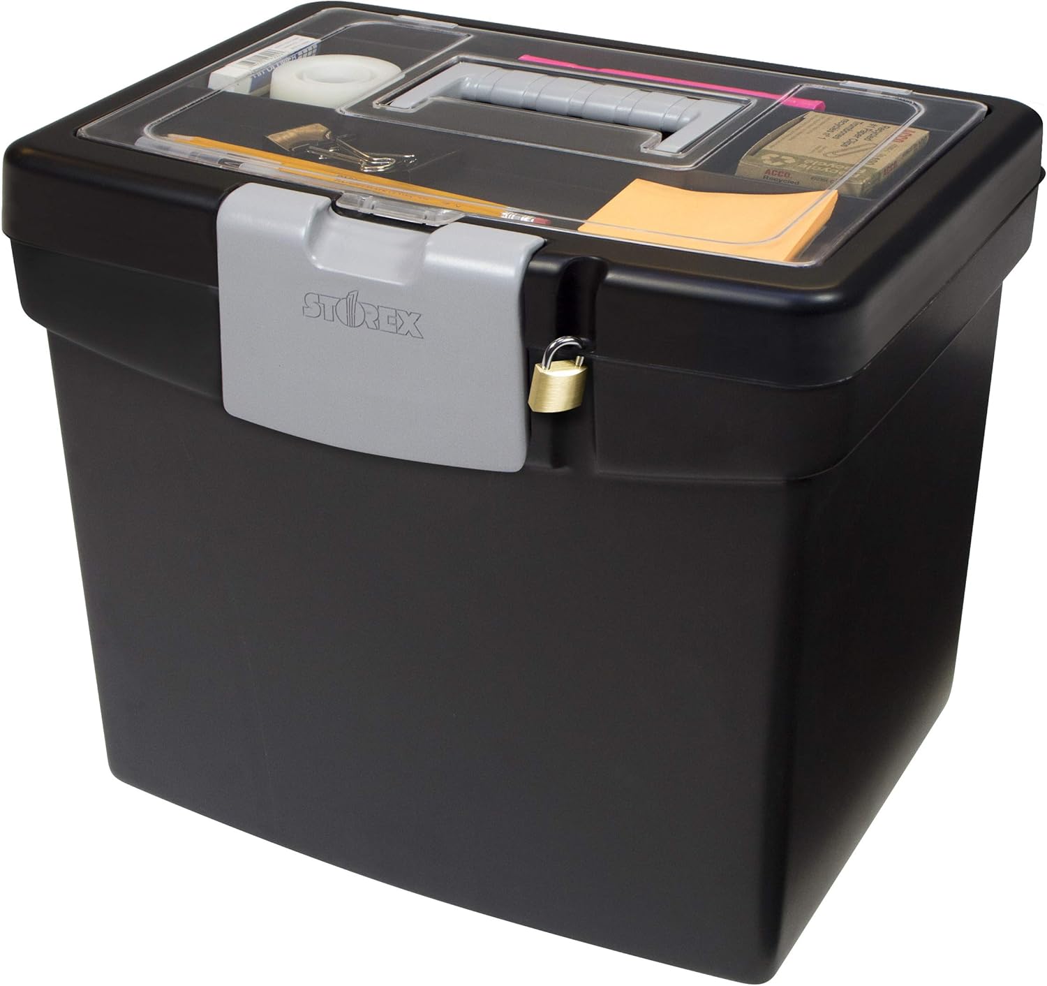 Portable File Box with Organizer Lid – Plastic Office File Storage Box for Letter Paper and Hanging Folders