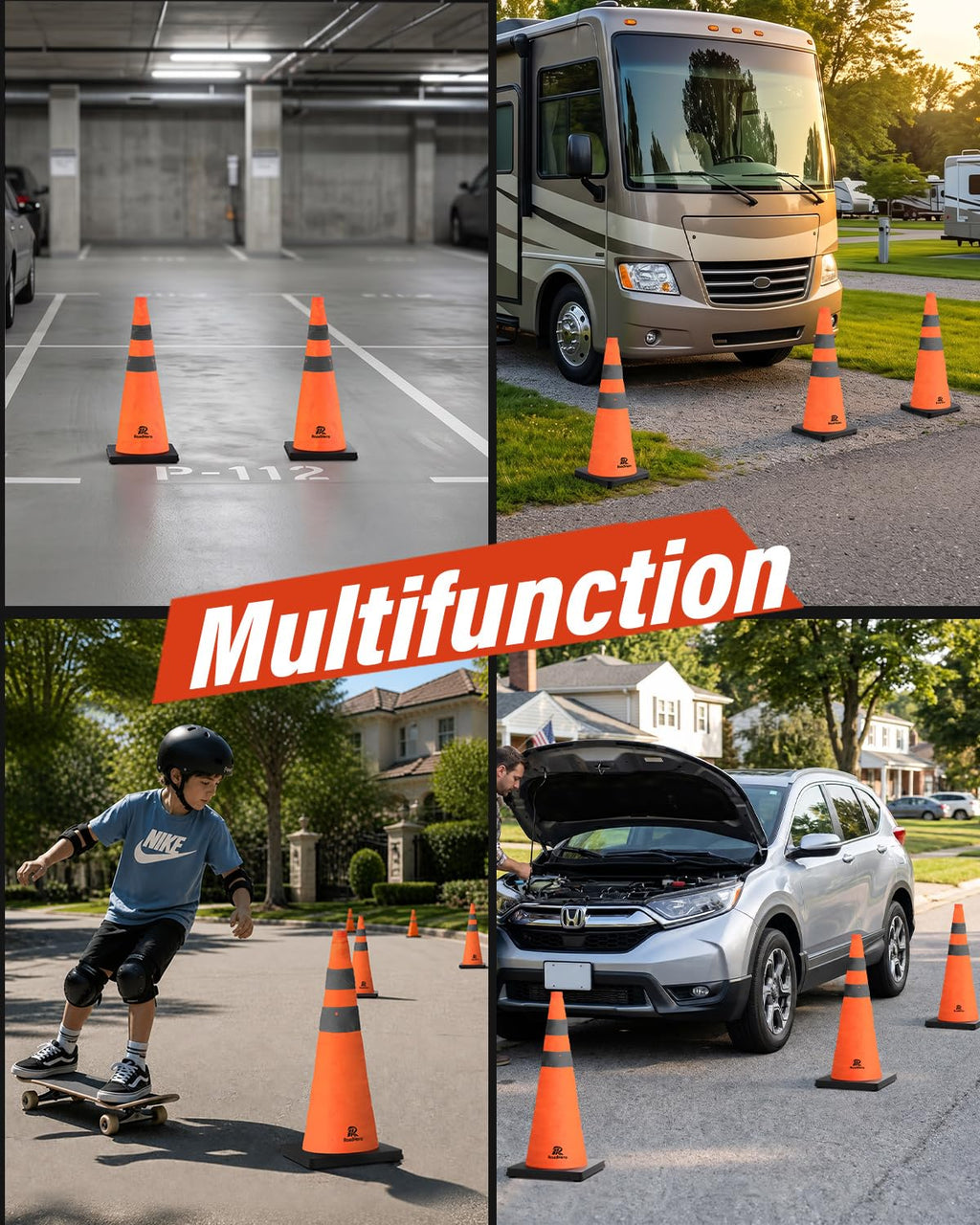 4 Pack 28 Inch Collapsible Traffic Cones with Black Base