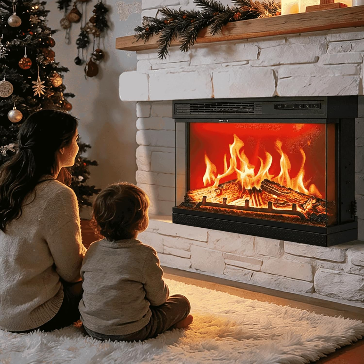 24" 3-Sided Electric Fireplace Insert, Wall-Mounted/Freestanding, 12 Flame Colors, 5 Brightness Levels, 8H Timer