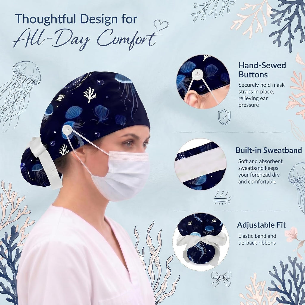 Scrub Caps Women Jellyfish Nurse Hats Ponytail Tie Back