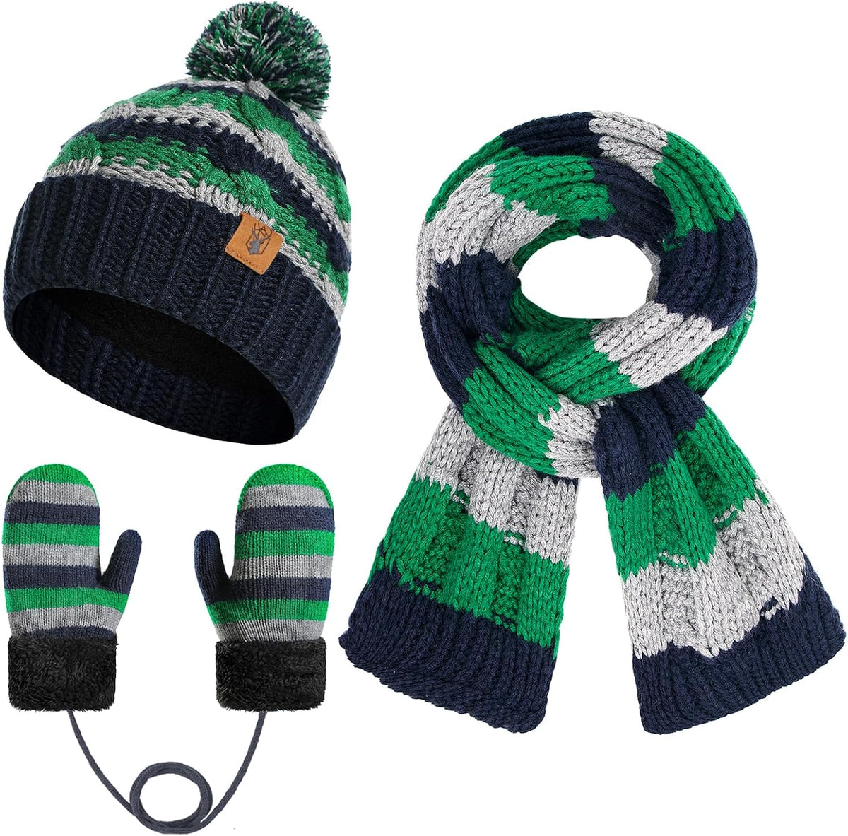 Toddler Boys Winter Pompom Beanie Hat Scarf and Gloves 3PCS Set for Girls | Kids Warm Fleece Lined Knitted Toddler