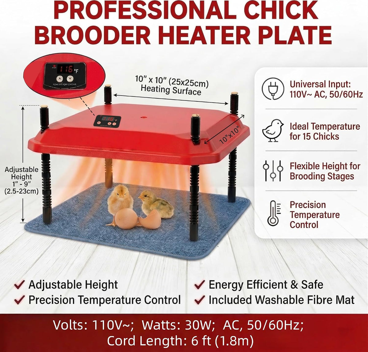 10"x10" Chick Brooder Heating Plate, Fire-Safe Adjustable Poultry Heater for Chicks & Ducklings