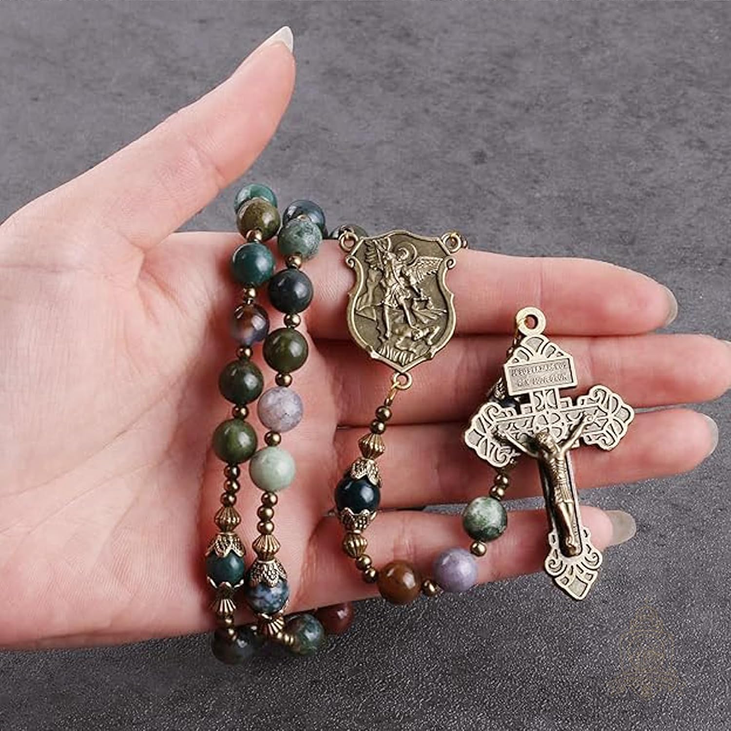 Catholic Town 8mm India Agate Natural Stone Beads, Large Rosary with Caps Saint Michael the Archangel Medal and