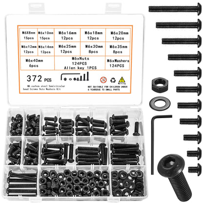 372 Pcs M6 Machine Screw Assortment Kit, M6 Metric Bolts and Nuts Assortment, Assorted Hex Socket Button Head Cap