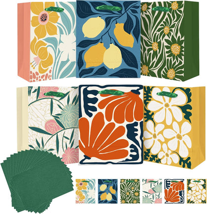 7.9"x4.3"x9.6" 6PCS Clash Flowers Paper Gift Bags with Tissue Paper Handles Medium Size Bags（ Tissue Paper ）