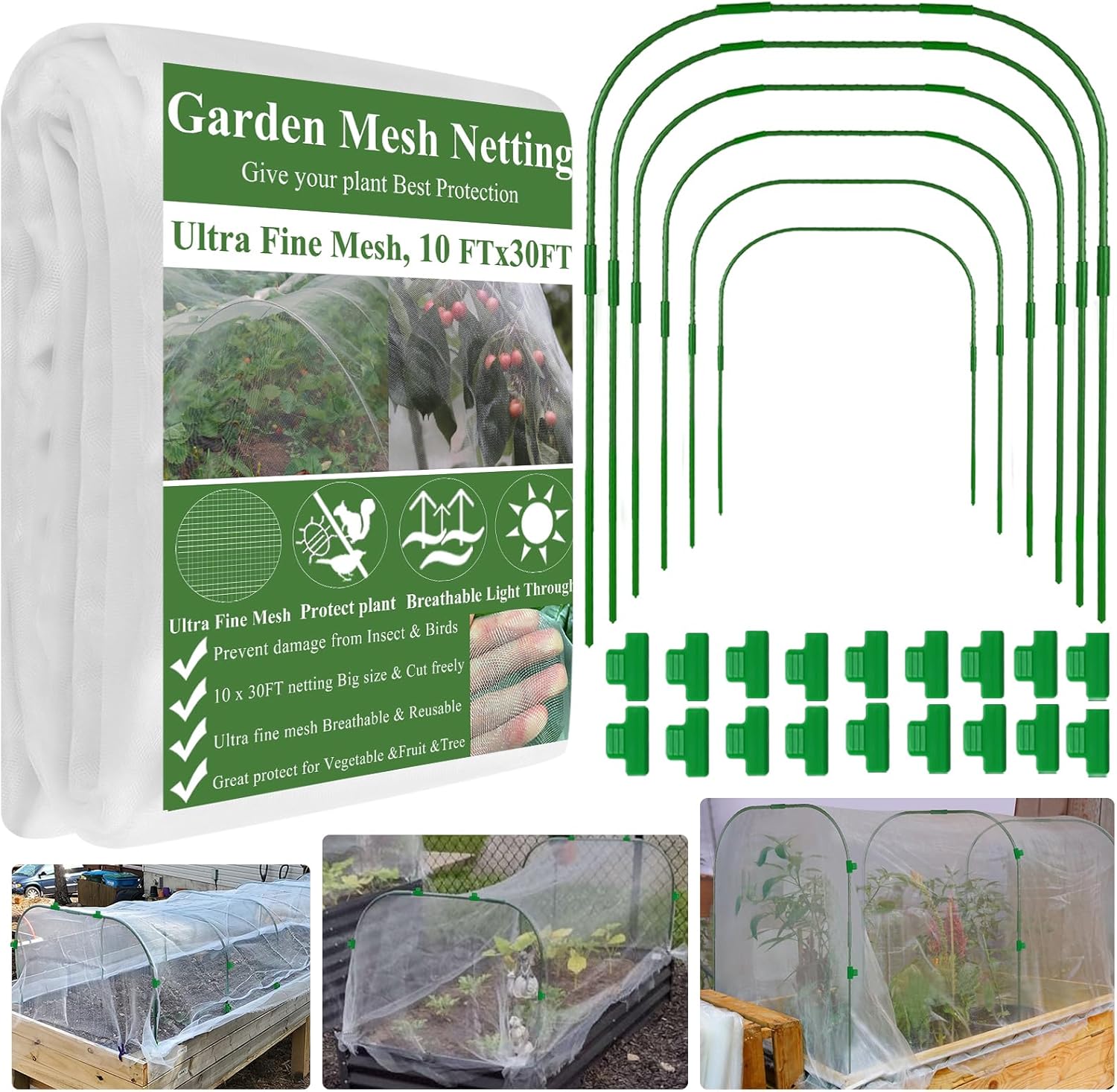 Garden Mesh Netting Kit, 10 * 30FT Ultra Fine Netting Plant Covers with 6 Pcs Wide Garden Hoops & 18 Clip, Garden