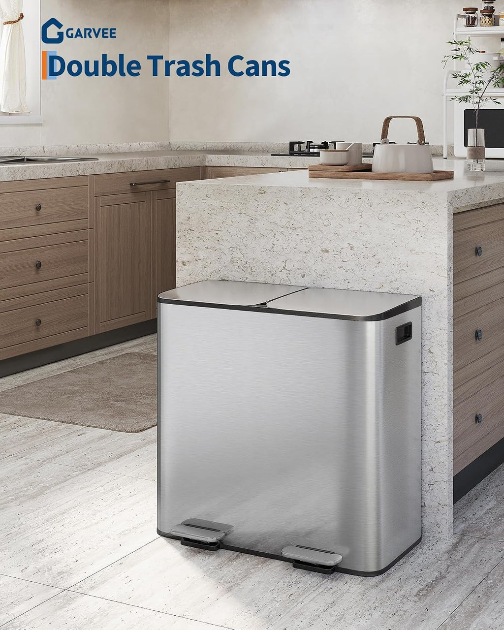 2x10.6 Gal Dual Kitchen Trash Can Fingerprint-Proof Stainless Steel | 2 Removable Inner Buckets Step Pedal Soft-Close