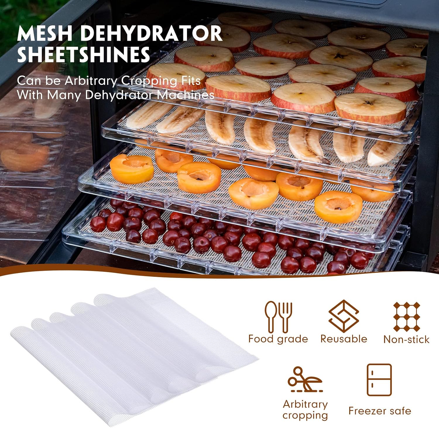 8 Silicone Dehydrator Mats & 10 Mesh Dryer Mats and 1 Baking Scraper, Reusable Non Stick Silicone Dehydrator Tray