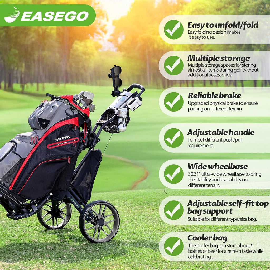 Golf Push Cart 3 Wheel : 360° Swivel Front Wheels Golf Walking Carts
