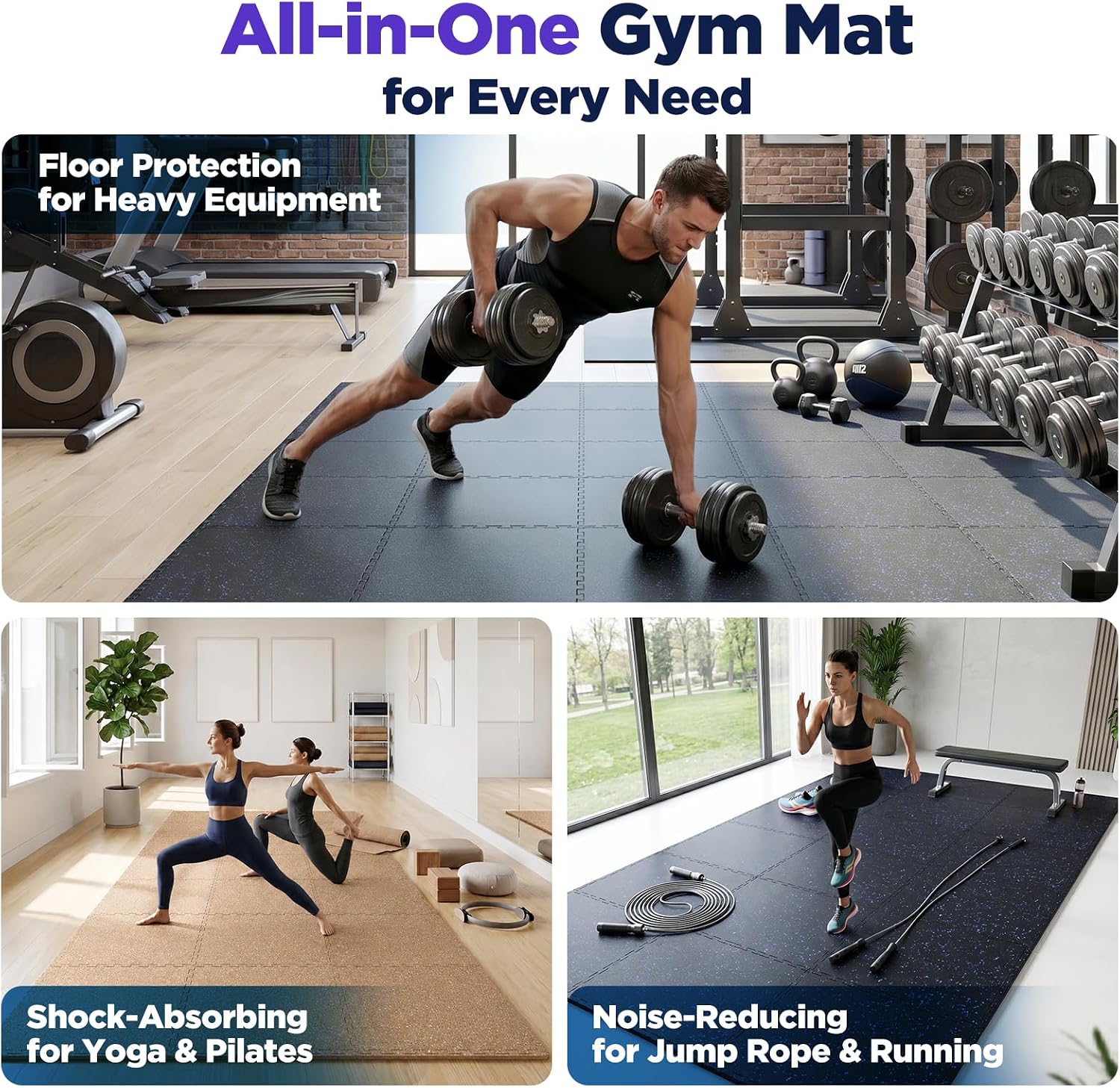96 Sq Ft Rubber Top Gym Flooring for Home Gym, 24 Tiles High Density EVA Foam Exercise Equipment Mats, 0.4"