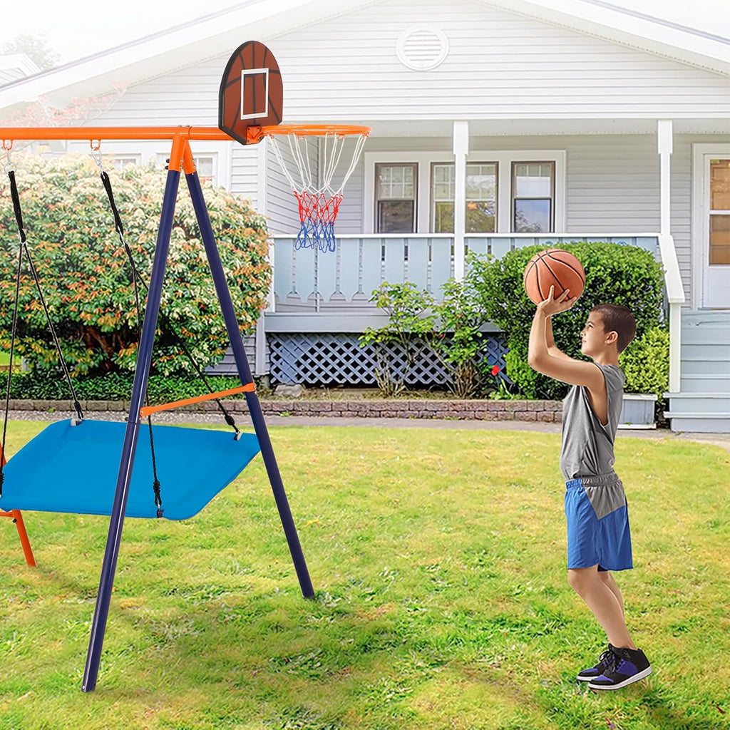Outdoor Metal Swing Set for Kids, Heavy-Duty Metal Playground Set with Swings, Climbing Ladder, Trapeze Bar &