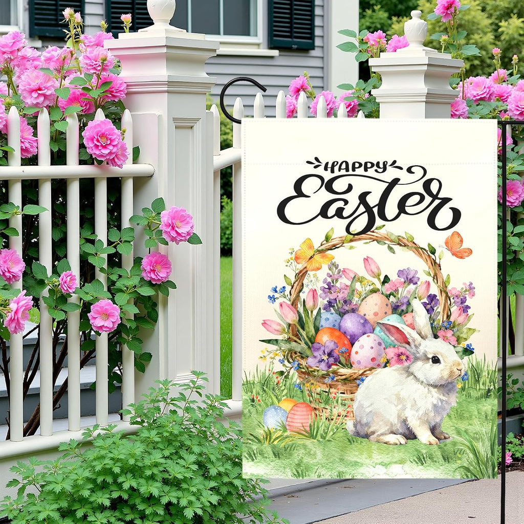 Happy Easter Garden Flag with Bunny Basket Spring Tulips Wildflowers Eggs Cute Rabbit Yard Flags Double Sided Welcome