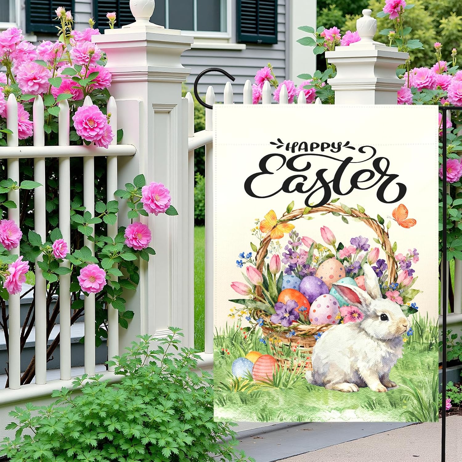 Happy Easter Garden Flag with Bunny Basket Spring Tulips Wildflowers Eggs Cute Rabbit Yard Flags Double Sided Welcome
