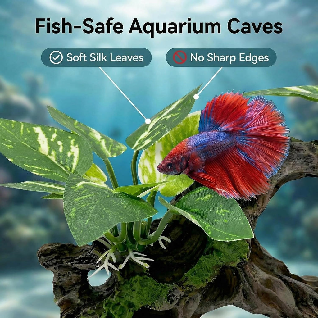 Aquarium Decorations Cave Silk Aquarium Plants Betta Fish Tank Decor | Soft & Safe Fish Tank Accessories, Aquarium