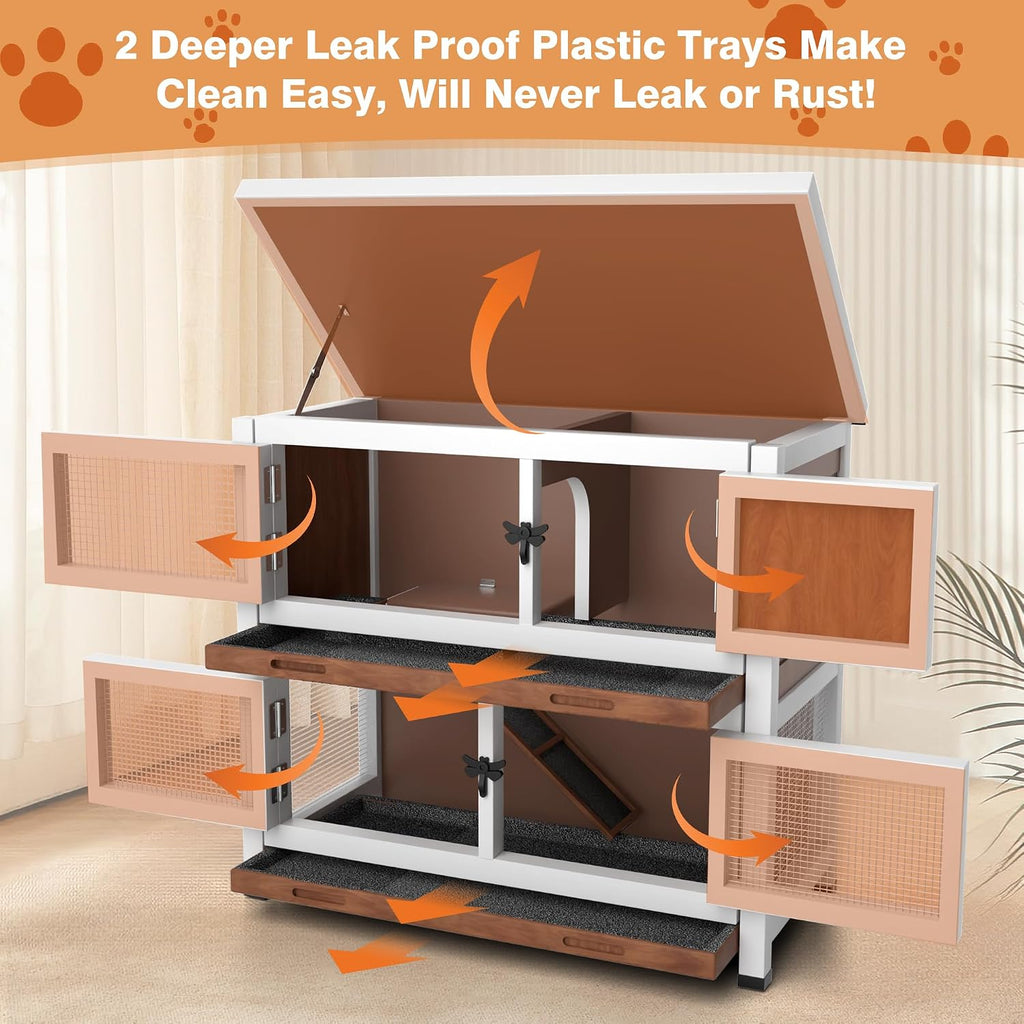 2 Story Rabbit Hutch, Indoor Outdoor Bunny Hutch Solid Wood Rabbit Cage with Removable Trays, Waterproof Asphalt
