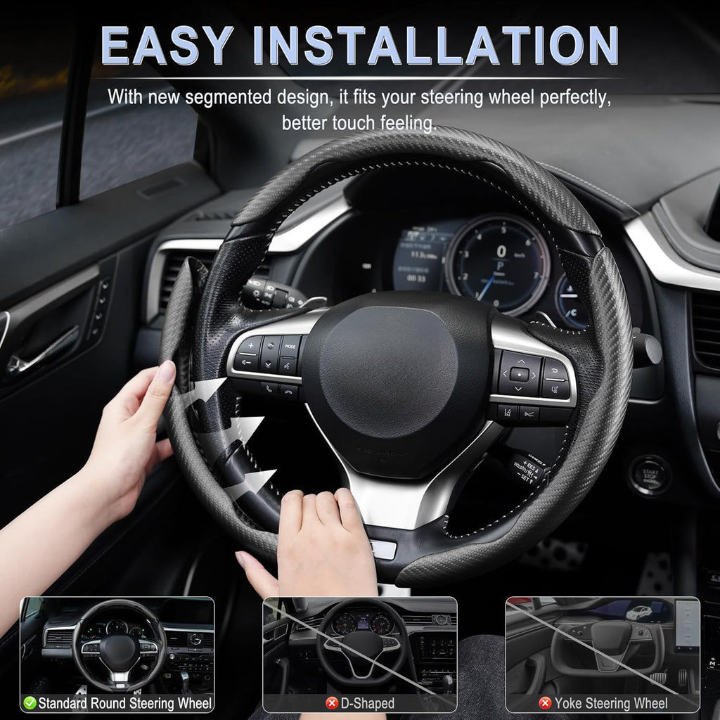3pcs Carbon Fiber Anti-Skid Steering Wheel Cover, Waterproof & Segmented Butterfly Design, Universal 99% Vehicle