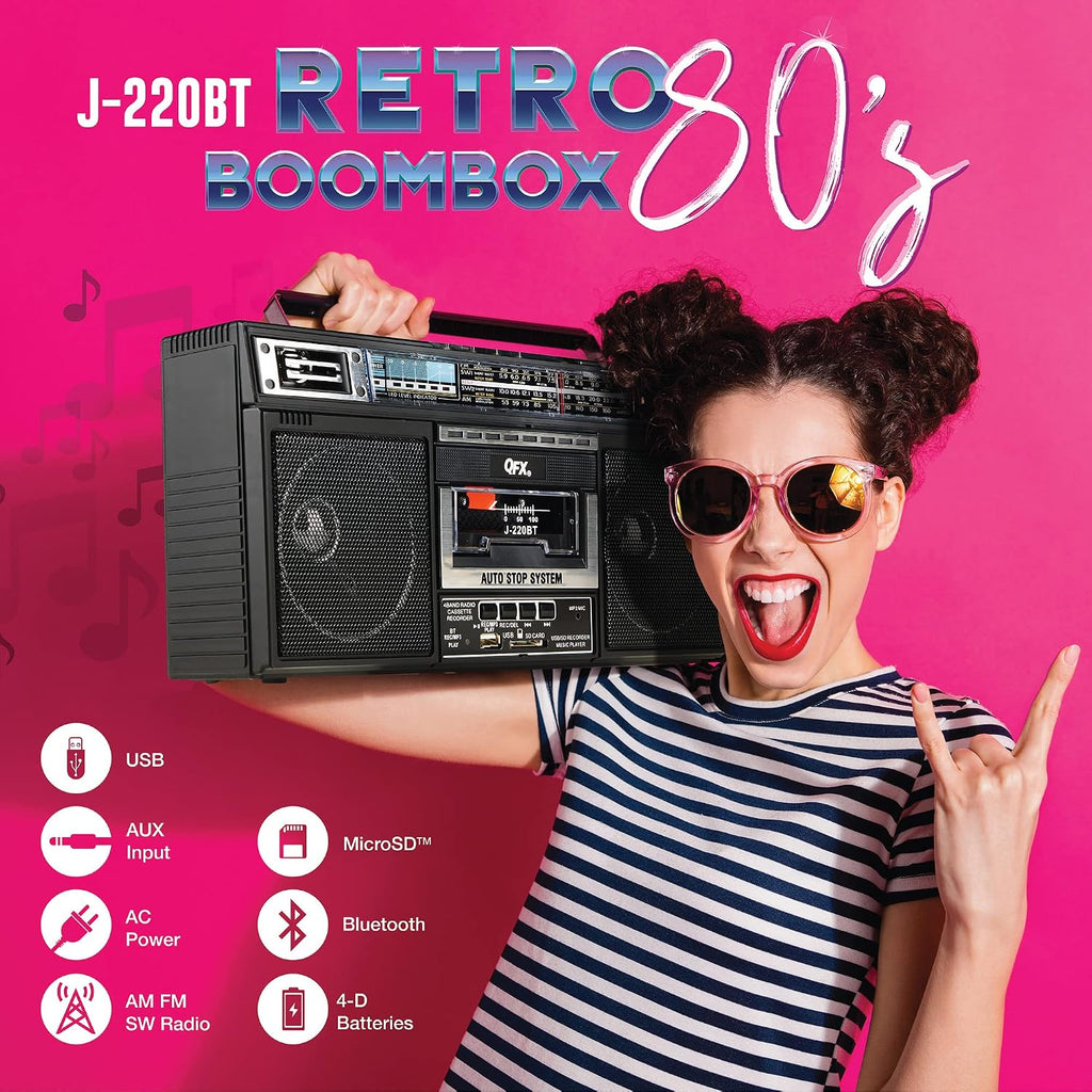 Retro Bluetooth Boombox Cassette Tape Player Recorder, J-220BT, Black | Portable, Dual 3" Speakers, AM/FM/SW1/SW2