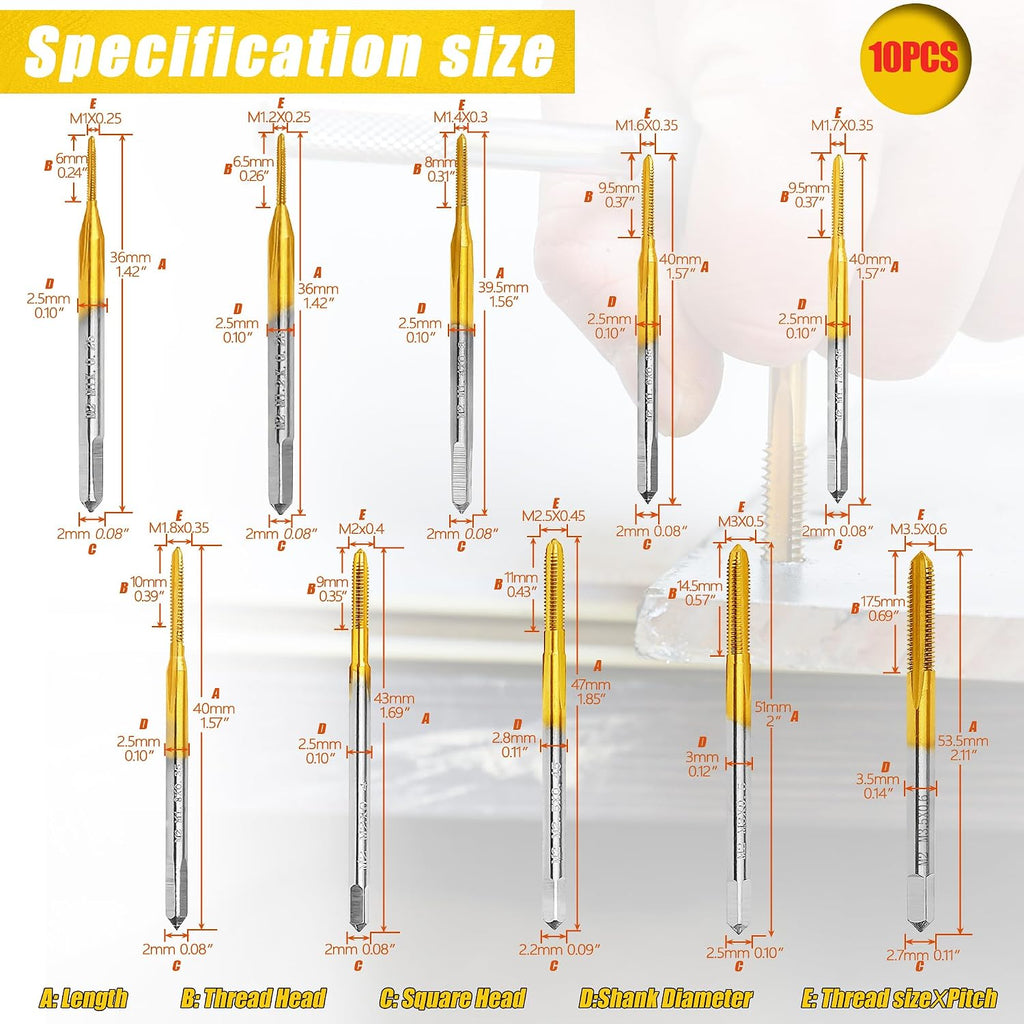 10pcs Micro Metric Taps Bits Set with 1Pc Tap Wrench for Metal M1-M3.5