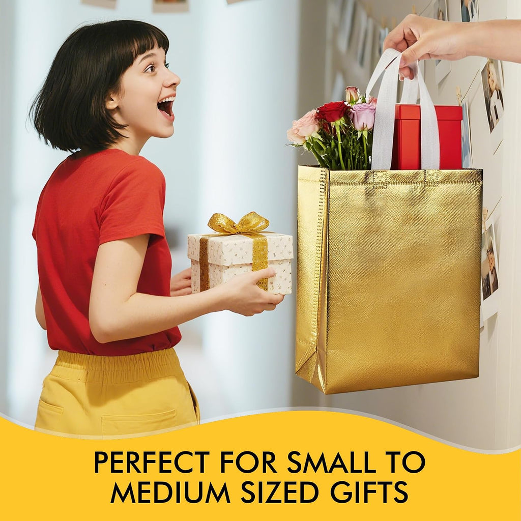 Reusable Gold Gift Bags Medium Size 15 Pack with Handles for Party