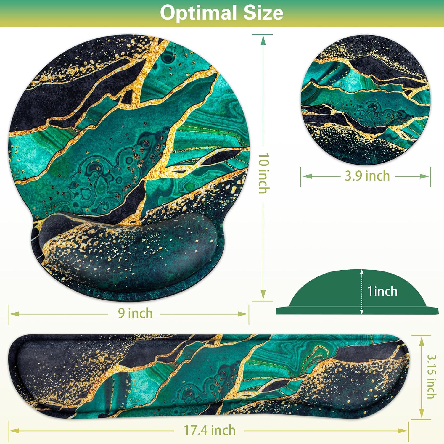 Mouse Pad Green with Wrist Rest Set, 3-in-1 Wrist Support Mousepad | Gaming Mat Pad with Anti-Skid Base,Ergonomic