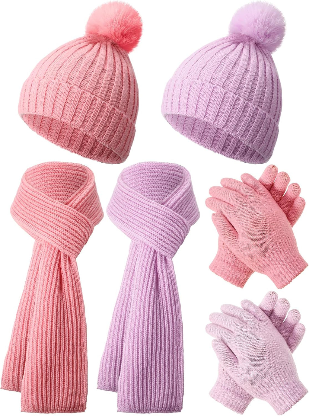 2 Sets Kids Winter Hat Gloves Scarf Set Girls and Boys Knit Hat with Pom Warm Scarf Snow Gloves for 3-10 Years Toddler