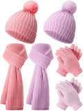 2 Sets Kids Winter Hat Gloves Scarf Set Girls and Boys Knit Hat with Pom Warm Scarf Snow Gloves for 3-10 Years Toddler