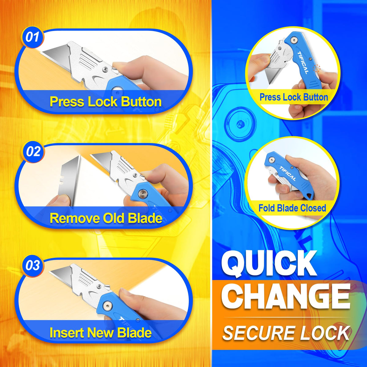 4Pack Box Cutter Retractable, Folding Utility Knife with 10 Blades