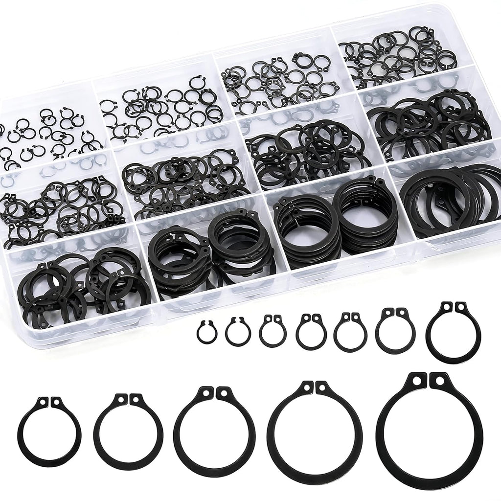 External Shaft Retaining Ring Assortment Kit, Black Carbon Steel Circlips, Multiple Sizes with Storage Case