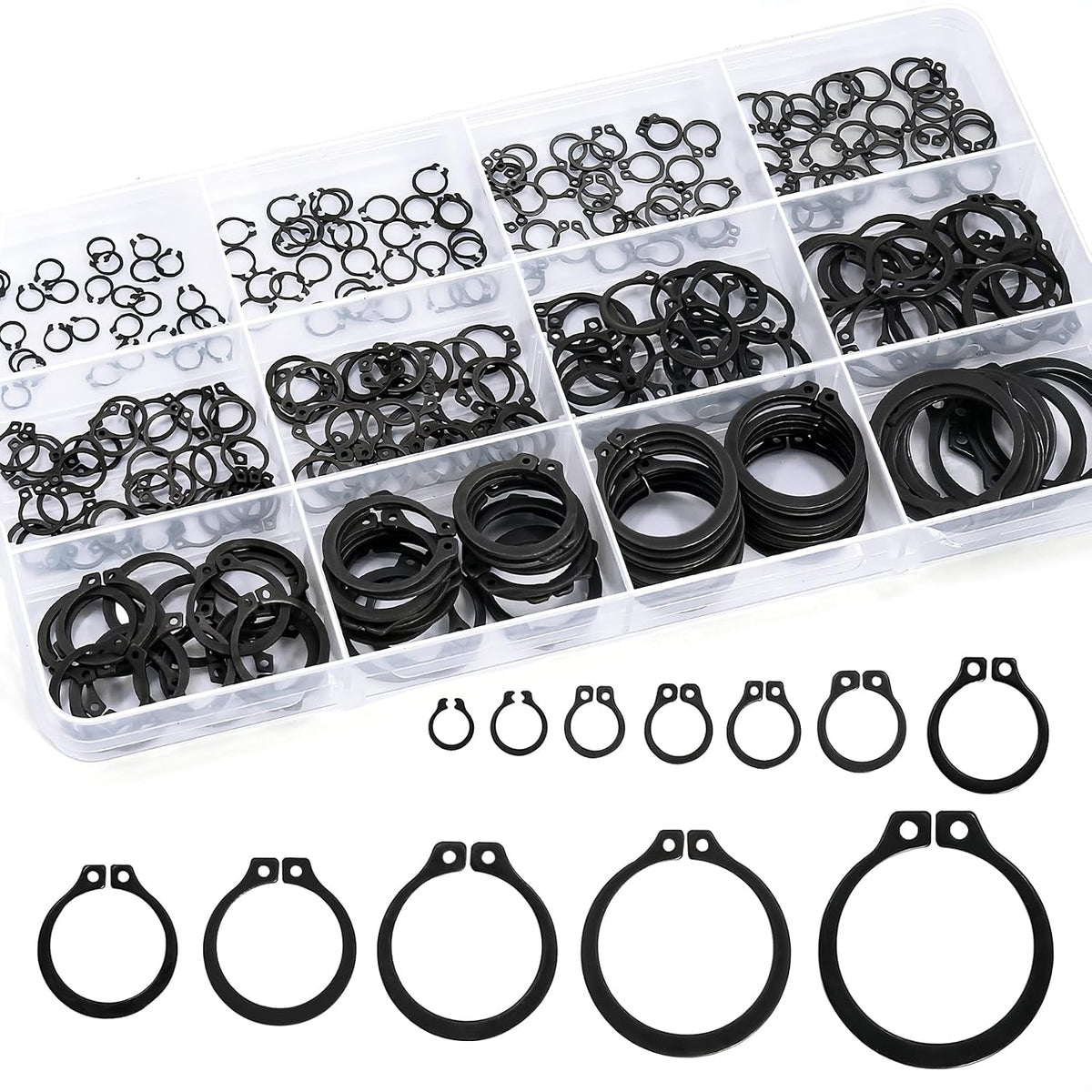 External Shaft Retaining Ring Assortment Kit, Black Carbon Steel Circlips, Multiple Sizes with Storage Case