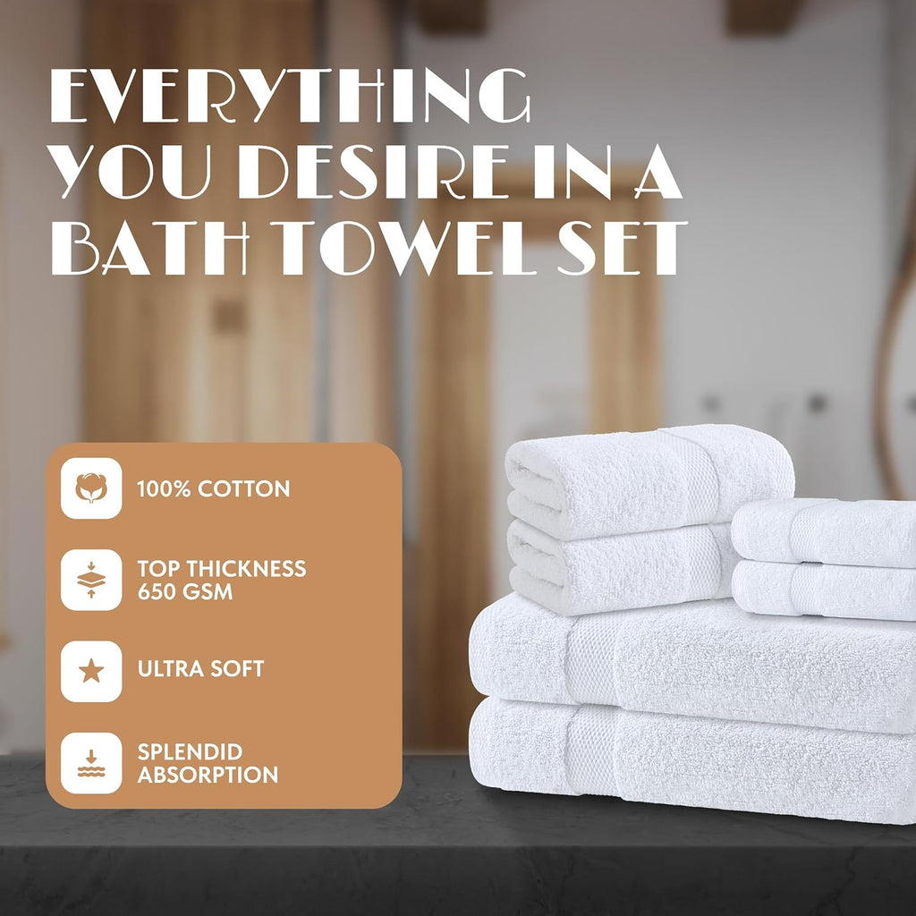 White Bath Towel Set of 6 - 100% Cotton Highly Absorbent Towels for Bathroom, 2 Luxury Bath Towels 650GSM, 2 Hand