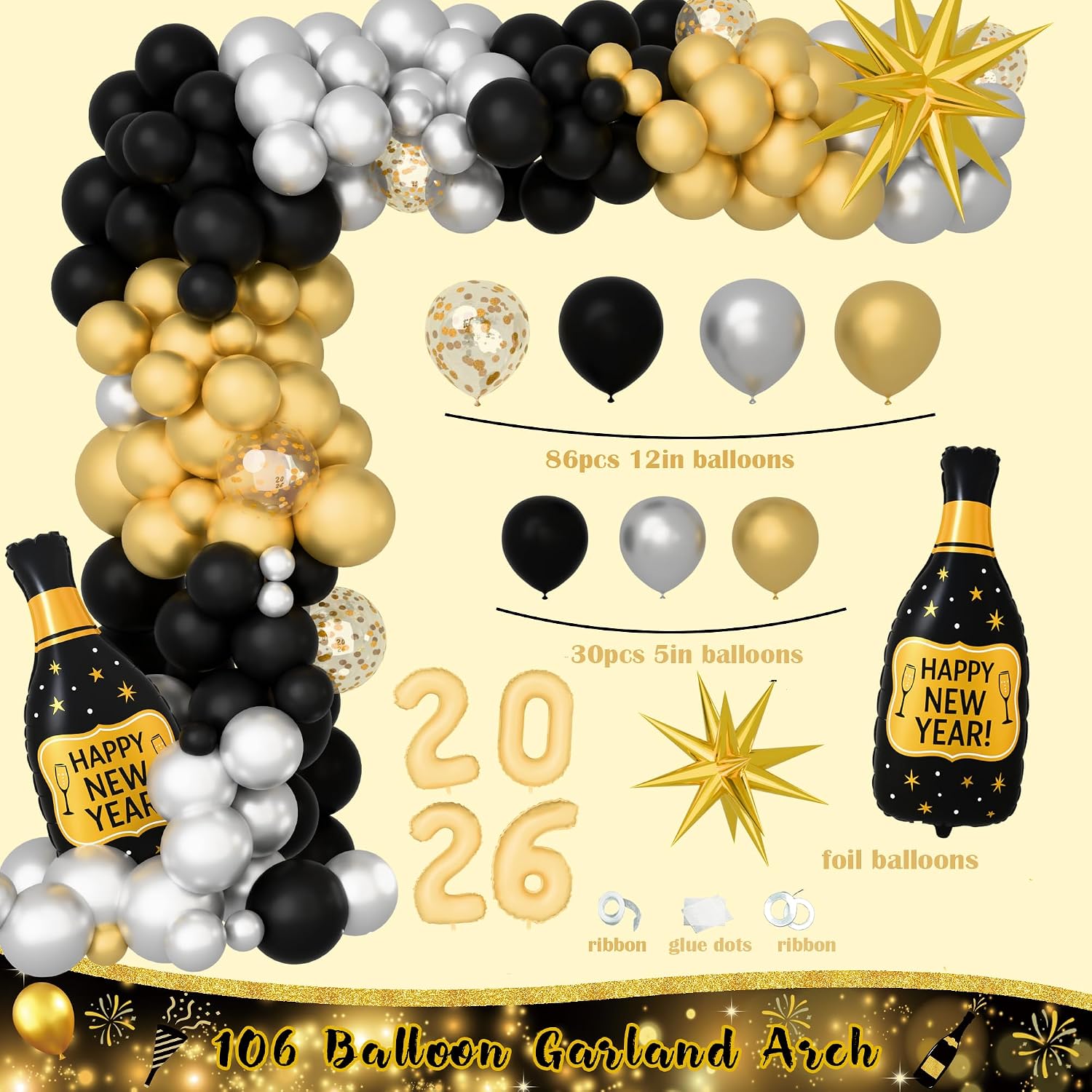 New Year Party Decorations 2026, Happy New Year's Eve Party Supplies Kit, 2026 Gold Black New Year Party Decor with