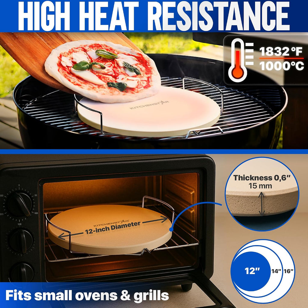 12-inch Pizza Stone for Oven and BBQ Grill with Handles, Round, 5/8" Thick - Natural Cordierite, 1800 °F Resistant