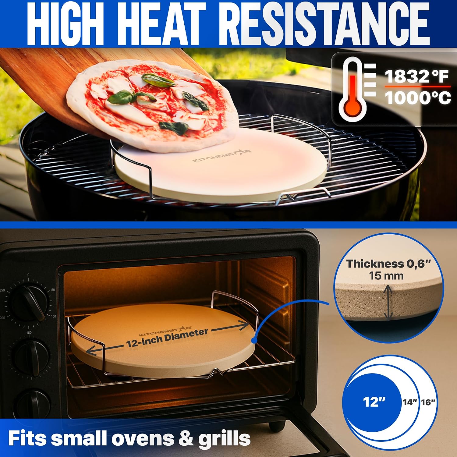 12-inch Pizza Stone for Oven and BBQ Grill with Handles, Round, 5/8" Thick - Natural Cordierite, 1800 °F Resistant