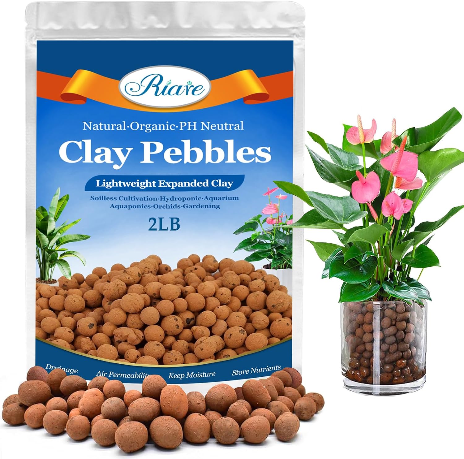 2LB Organic Leca Clay Pebbles for Plants, 4-16mm Drainage Leca Balls | Reusable, Aeration Lightweight Clay Balls