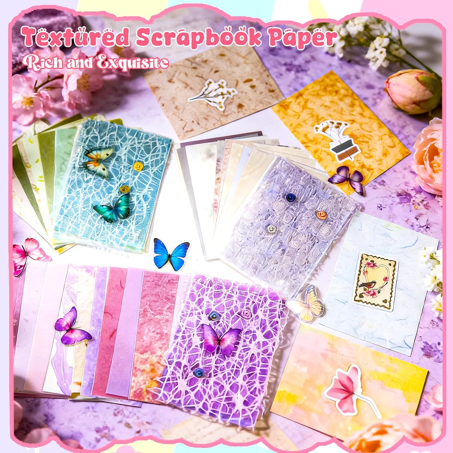 156 Sheets Textured Scrapbook Paper and Mesh Fabric Assorted Set 6 Pack Mixed Special Paper Scrapbook Tape and