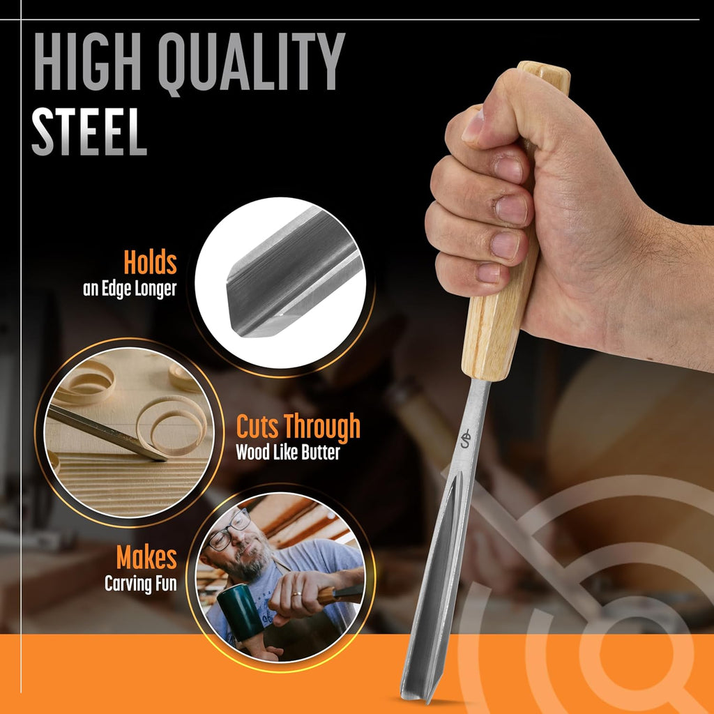 7-pc Wood Chisel Set with Gouges, Cr-V 60 Steel | Full size carving chisels for sculpture and relief carving