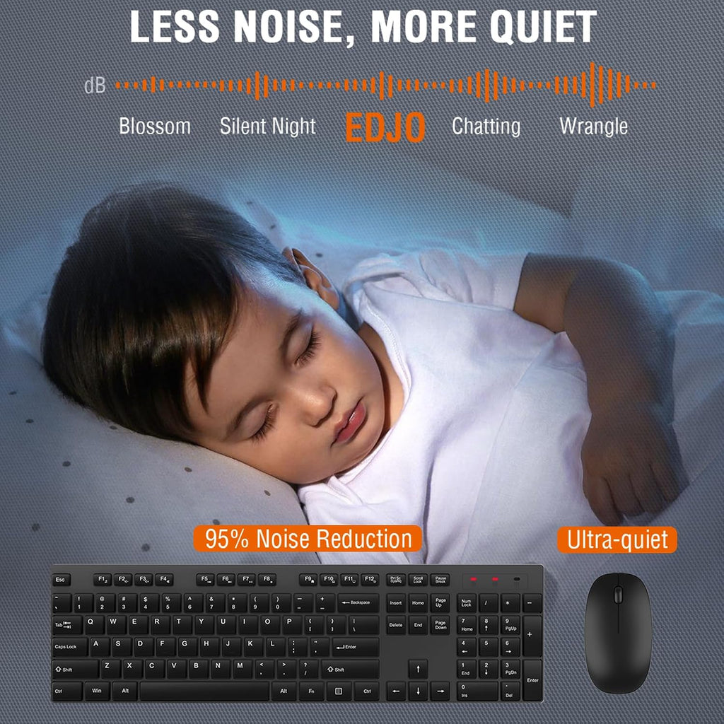 Wireless Keyboard and Mouse Combo, EDJO Silent Full Size Cordless USB Keyboard Mouse, 2.4GHz Lag-Free, Long Battery