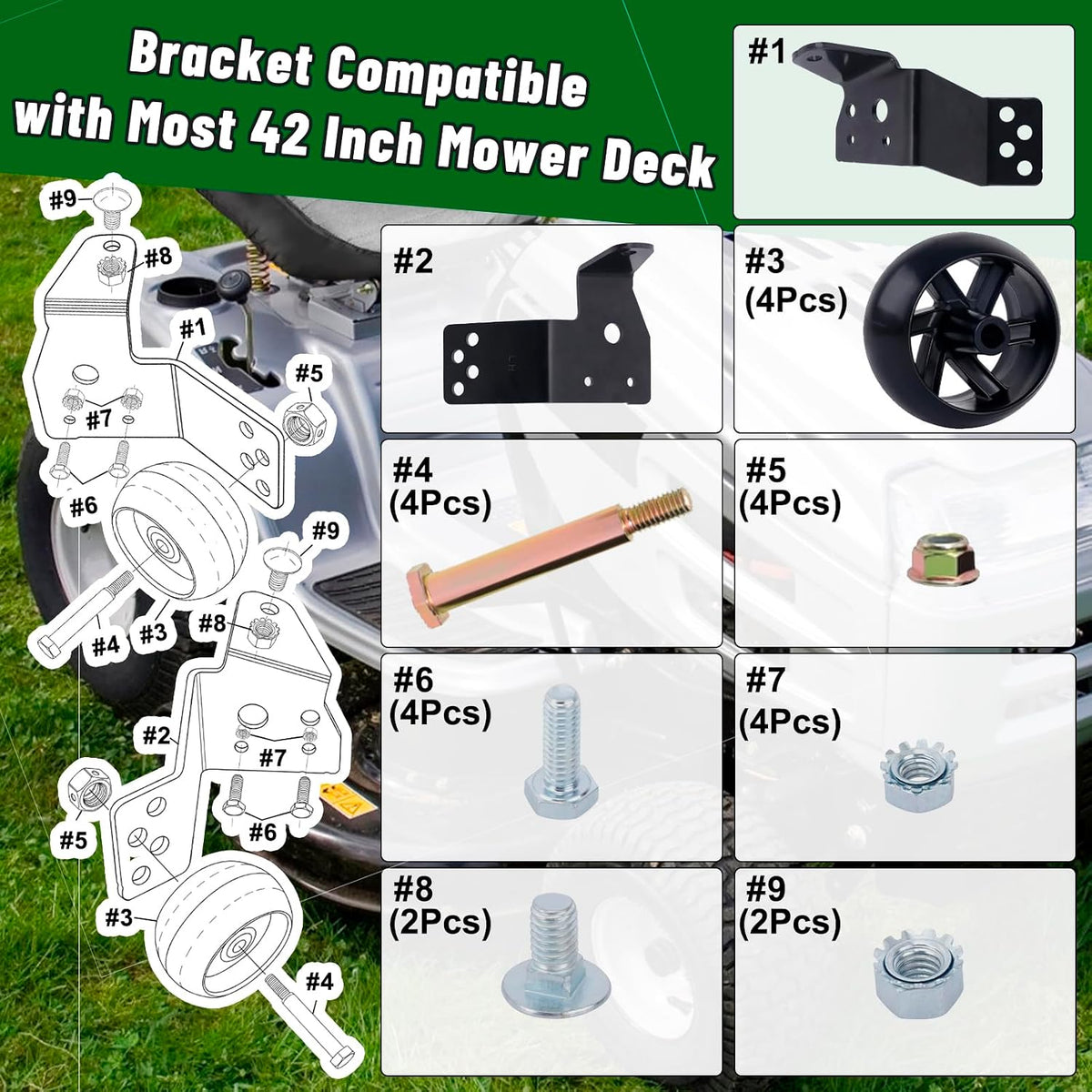 CheeMuii 4 Pcs 532174873 Mower Deck Wheels with 525509501 Deck Brackets Kit