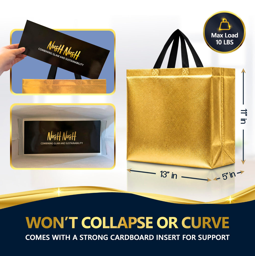 Bulk Set of 60 Reusable Large Gold Gift Bags with Handles