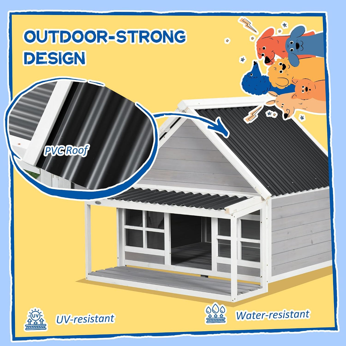 Wooden Dog House with Porch for Large Dogs, Tilt Roof, Front Door