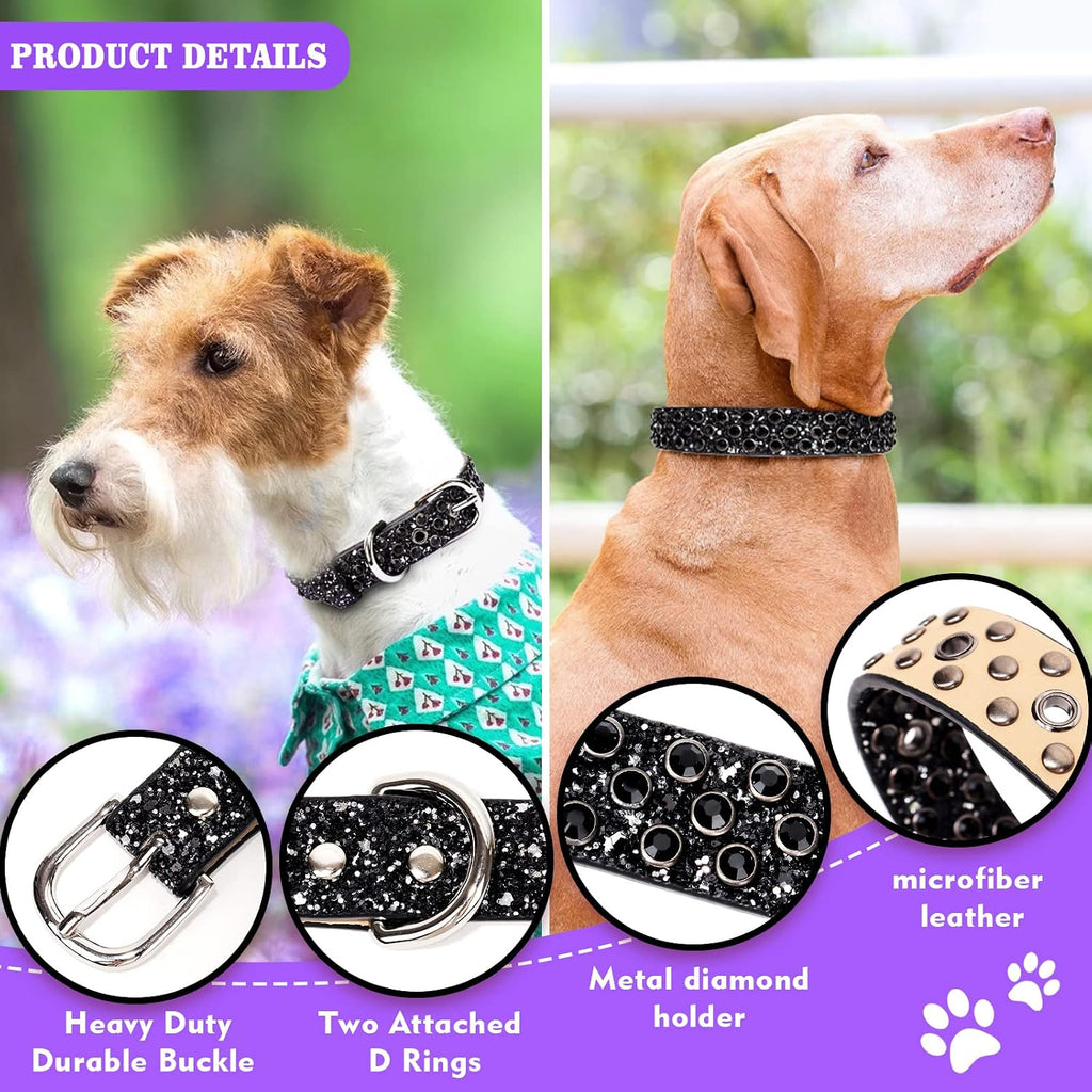 Rhinestone Leather Dog Collar Bling Dog Collars for Small Medium Large Dogs - Soft Microfiber Leather with Adjustable