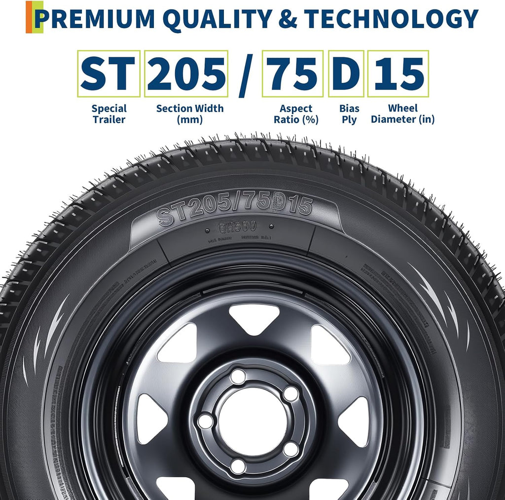 2-Pack ST205/75D15 Trailer Tires and15" Rims, 5 Lug on 4.5" Bolt Pattern, 6PR Load Range C, Heavy Duty 205 75 15