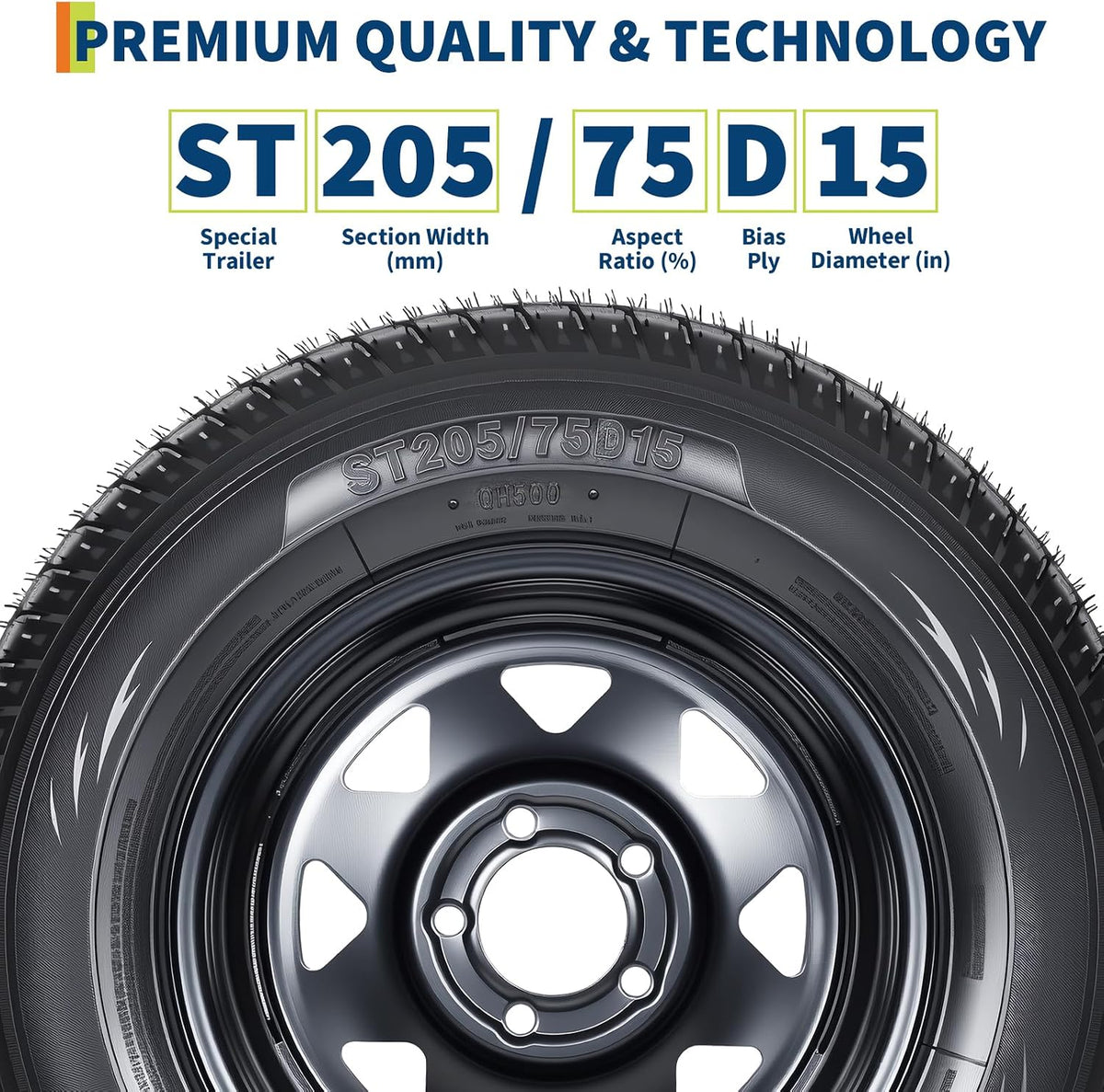 2-Pack ST205/75D15 Trailer Tires and15" Rims, 5 Lug on 4.5" Bolt Pattern, 6PR Load Range C, Heavy Duty 205 75 15