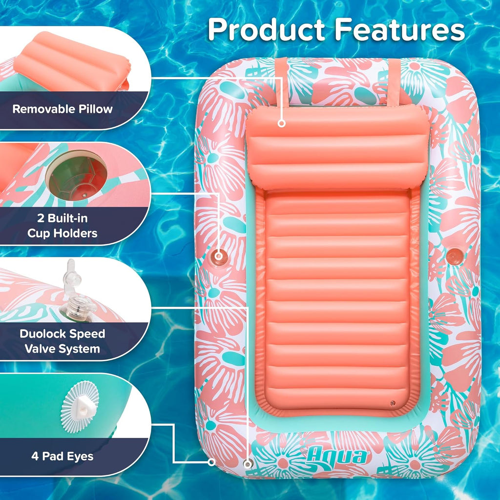 Aqua Inflatable Tanning Pool Lounger, Premium Pool Float with Cupholders and Removeable Pillow for Relaxation and Fun