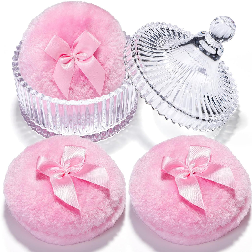 4pcs Powder Puff Soft Powder Puff and Container, Dusting Powder Container with Puff, Glass Crystal Case for Soft