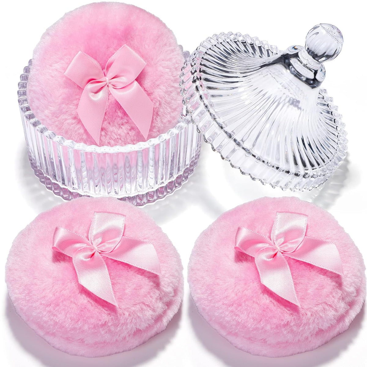 4pcs Powder Puff Soft Powder Puff and Container, Dusting Powder Container with Puff, Glass Crystal Case for Soft