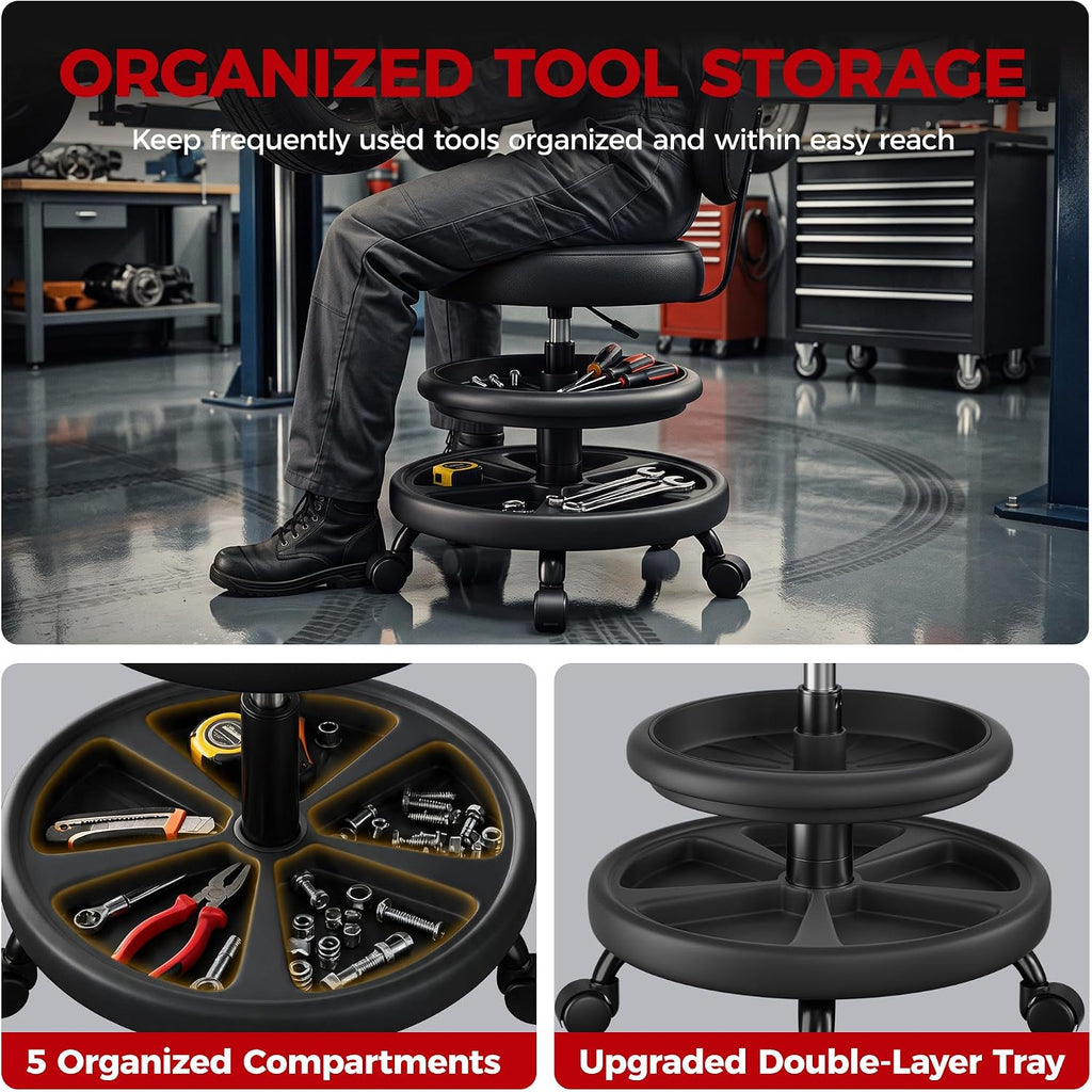 Rolling Shop Stool with Wheels, Adjustable Height Heavy Duty Garage Stool with Double Storage Tray, Garage Mechanic