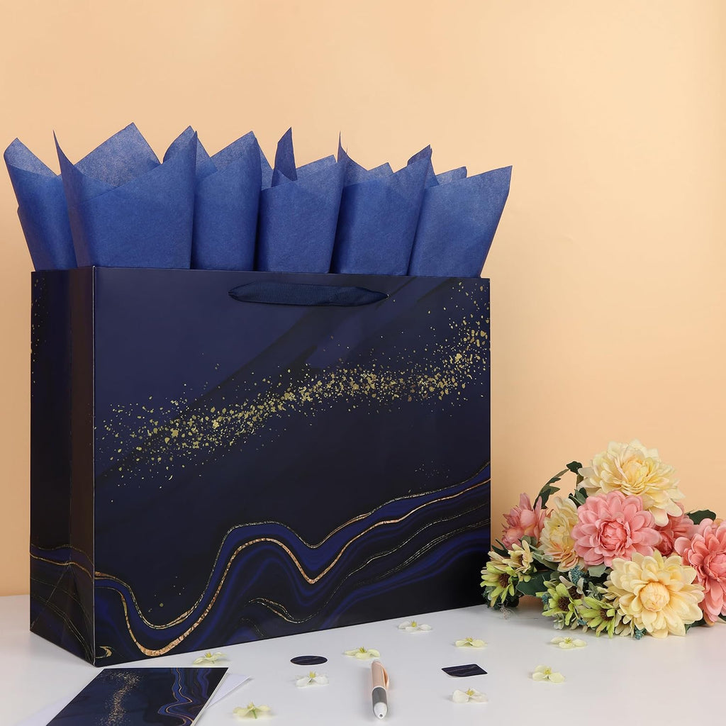 16.5'' Extra Large Blue Marble Gift Bag Set with Handles, Greeting Card, Tissue Papers and Stickers for Men Boys Kids